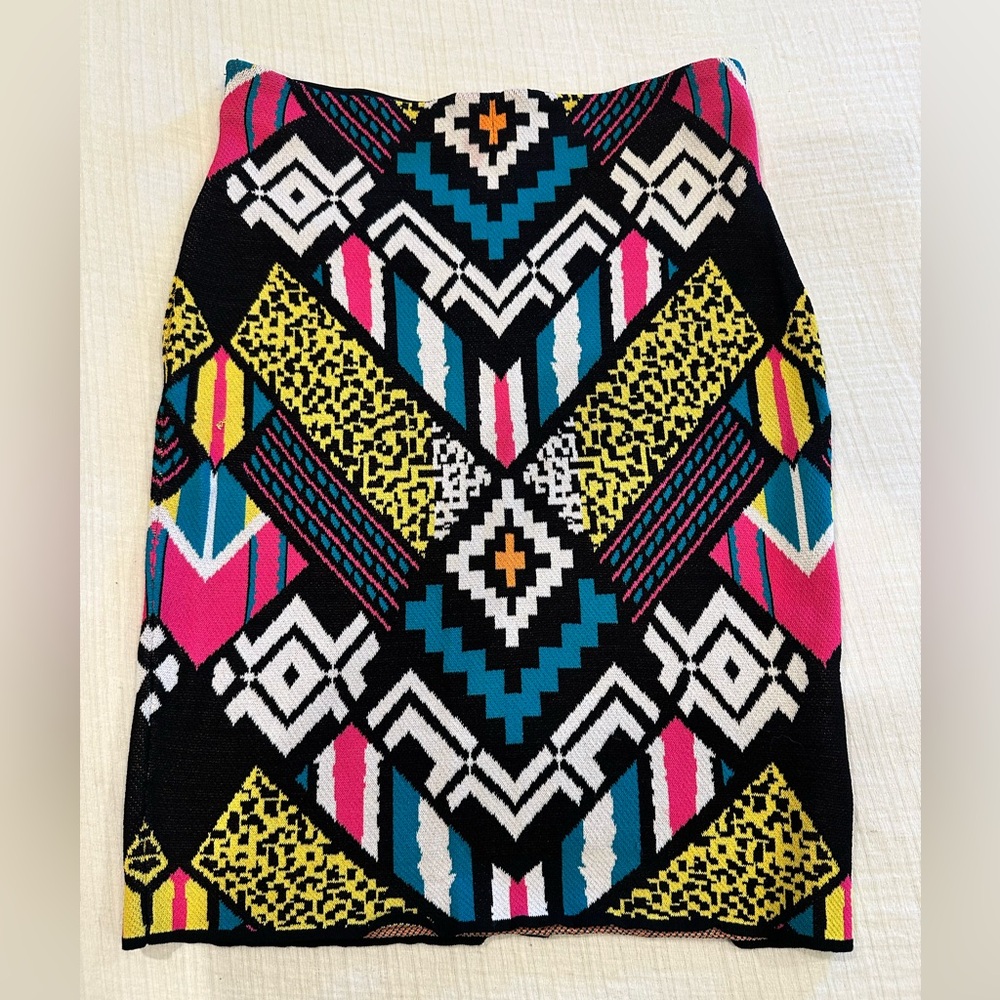 H&M Multicolor Geometric Pencil Skirt — Black, Pink, Teal, Yellow, White